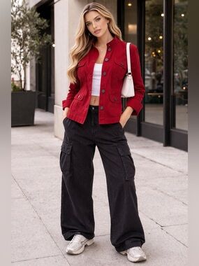 🔥 JONES NEW YORK Red Utility Jacket XL | Chic Mom Energy Meets City Cool ❤️ 🔥